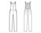 Dungaree Denim overall jumpsuit technical fashion illustration with full floor length, normal waist, high rise, pockets