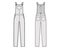 Dungaree Denim overall jumpsuit technical fashion illustration with full floor length, normal waist, high rise, pockets