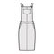 Dungaree dress Denim overall jumpsuit technical fashion illustration with knee length, normal waist, high rise, pockets