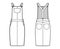 Dungaree dress Denim overall jumpsuit technical fashion illustration with knee length, normal waist, high rise, pockets