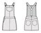 Dungaree dress Denim overall jumpsuit technical fashion illustration with mini length, normal waist, high rise, pockets