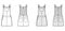 Dungaree dress Denim overall jumpsuit technical fashion illustration with mini length, normal waist, high rise, pockets