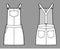 Dungaree dress Denim overall jumpsuit technical fashion illustration with mini length, normal waist, high rise, pockets