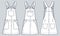 Dungaree Dress technical fashion Illustration. Mini Dress fashion flat technical drawing template, A-line, button, pocket