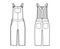 Dungarees Denim overall jumpsuit technical fashion illustration with knee length, normal waist, high rise, pocket Rivets