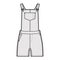 Dungarees Denim overall jumpsuit technical fashion illustration with mini length, normal waist, high rise, pockets