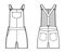 Dungarees Denim overall jumpsuit technical fashion illustration with mini length, normal waist, high rise, pockets