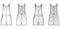 Dungarees Denim overall jumpsuit technical fashion illustration with mini length, normal waist, high rise, pockets