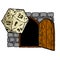Dungeon and dragons board game. 20 sided dice and entrance to castle.