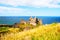 Dunluce Castle near Portrush in Northern Ireland, UK during the cloudy day