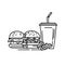 Duo of Burgers and Drink: Linear Illustration of Two Tempting Burgers and a Refreshing Beverage. Perfect for Fast Food Menus or