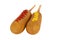 Duo of corn dogs with mustard and ketchup on top, isolated.