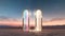 Duo Of Two Magic Stone Gates In Desert With Strange Neon Glowing Light Landscape, Futuristic Neon Portals In Desert. Generative AI