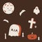 Duotone Cartoon halloween cemetery scene. Smiley and evil emotions
