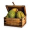 Durian fruits in wooden crate isolate on white background.