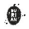 Durian grunge sticker. Black texture silhouette with lettering inside. Imitation of stamp, print with scuffs