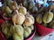 Durian thai king ofâ€‹ fruit in theâ€‹ big plastic basket