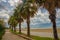 DURRES, ALBANIA: Palm tree promenade and blue sea on the beach in Durres.