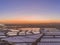 Dusk aerial view, in Ria Formosa wetlands natural park, salt pans. Algarve