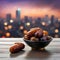 Dusk Cloudy Sky and City Form the Background for an Image of Dates Fruit, Evoking Ramadan Atmosphere