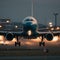 Dusk Departure: A Commercial Airliner Takes Off from a Busy Airport Runway