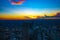 A dusk panoramic urban cityscape in Tokyo high angle wide shot