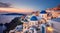 During dusk without people. Beautiful view the blue domed churches in the village of Oia, Santorini, Generative AI