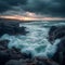 Dusk reveals breaking waves crashing against a rugged, rocky coastline