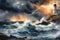 Dusk\\\'s Fury: Stormy Sea at Dusk - Waves Crashing Violently Against a Sturdy Lighthouse Standing on Jagged Rocks