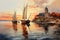 Dusk\\\'s Serenity: Watercolor Embrace of Tranquil Harbor