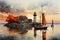 Dusk\\\'s Serenity: Watercolor Embrace of Tranquil Harbor
