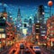 Dusk sets over an animated city street bustling with life, as digital bubbles float above, symbolizing the vibrant urban rhythm