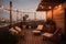 At dusk in the summer, a comfortable rooftop patio area with a lounging area