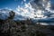 Dusk sunset at Mono Lake, with sunbeams poking through the clouds