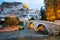 Dusk view of Alcala del Jucar with bridge. Province of Albacet