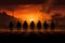 Dusk warriors in field, their silhouette against the setting sun