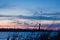 Dusk winter landscape, frozen lake, bulrush, blue and pink sky, deep blue clouds, winter, nature panorama background photo