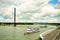 Dusseldorf, panoramic view of Rhine river with maritime traffic
