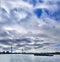 Dusseldorf skyline view at the media harbor at summer with ferry boat