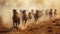 Dust kicks up as a herd of horses races across an arid desert terrain