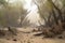 dust storm in a once-lush woodland, the last trees toppled and broken