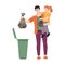 Dustbin father and daughter throw garbage in trash