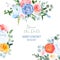 Dusty blue, orange, yellow, coral flowers vector design frame