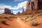 A dusty dirt road stretches through the dry and barren expanse of a desert, Navajo tribal park Monument Valley in Arizona, AI
