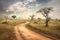 dusty dirt road winding through savanna landscape