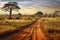 dusty dirt road winding through savanna landscape