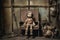 dusty doll sitting on an old wooden