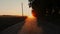 dusty road. sunset over farm field. dusty, dirt road along an agricultural field and forest, at sunset. dust rises in