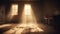 Dusty room with old distressed windows and sun rays. Abandoned grungy interior with lights in the dust. Generated AI.