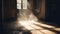 Dusty room with old distressed windows and sun rays. Abandoned grungy interior with lights in the dust. Generated AI.